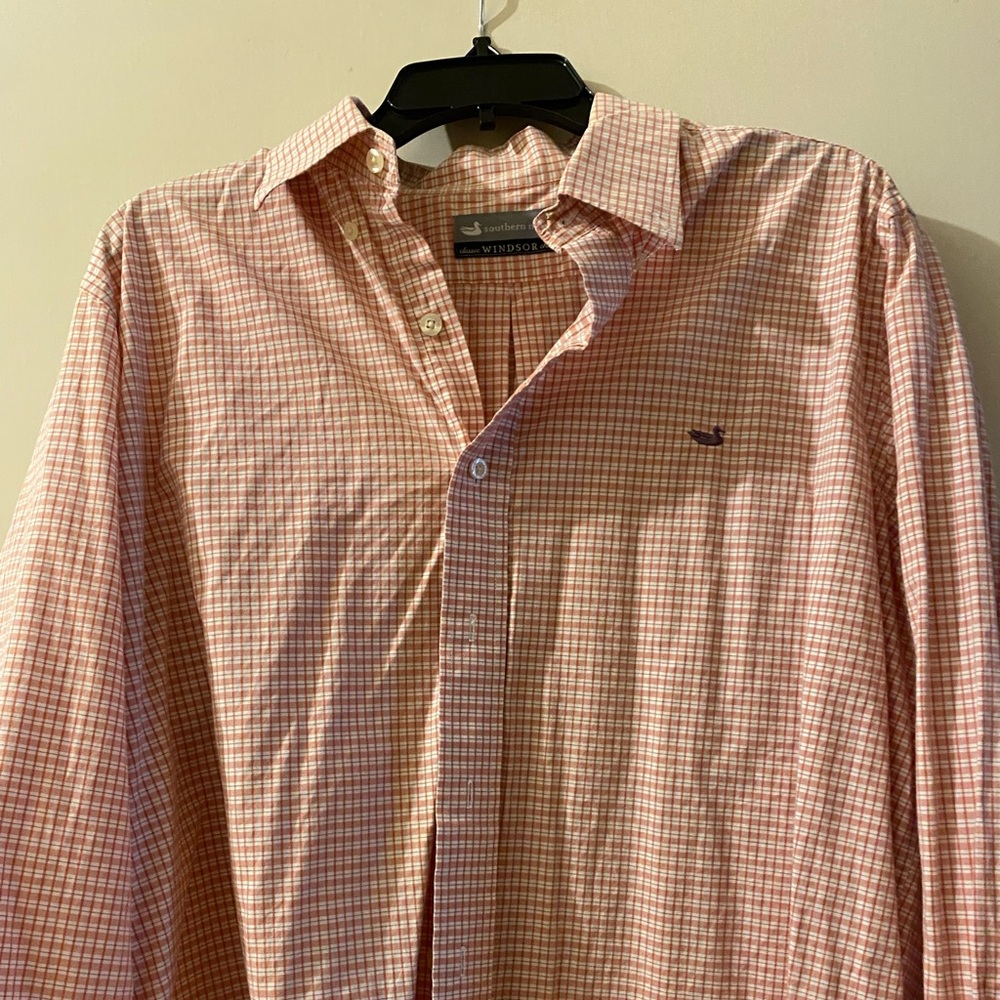 Southern Marsh Classic Windsor Check Shirt coral& White Long Sleeve Mens medium